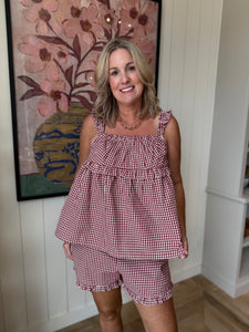 Red Gingham Ruching Tank Top