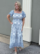 Load image into Gallery viewer, White &amp; Blue Embroidery Smocked Dress
