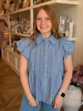 Load image into Gallery viewer, Blue &amp; White Gingham Puff Sleeve Blouse
