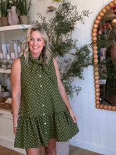 Load image into Gallery viewer, Olive Polka Dot Tie Neck Dress
