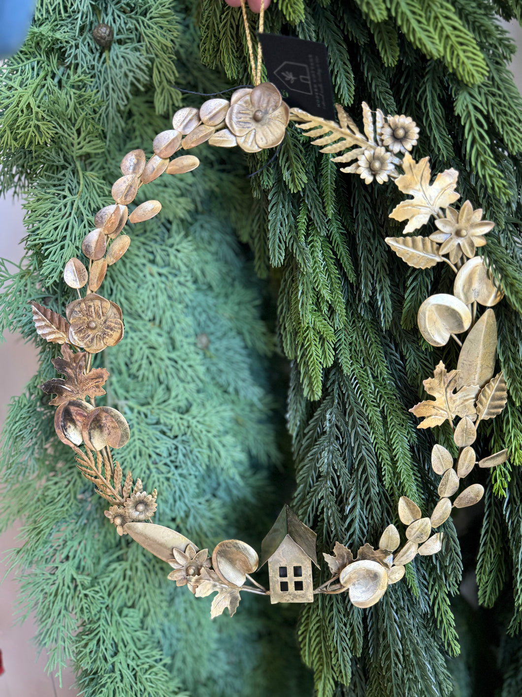 Gold Metal Leaves Wreath with House