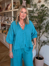 Load image into Gallery viewer, Teal Linen Balloon V-Neck Blouse
