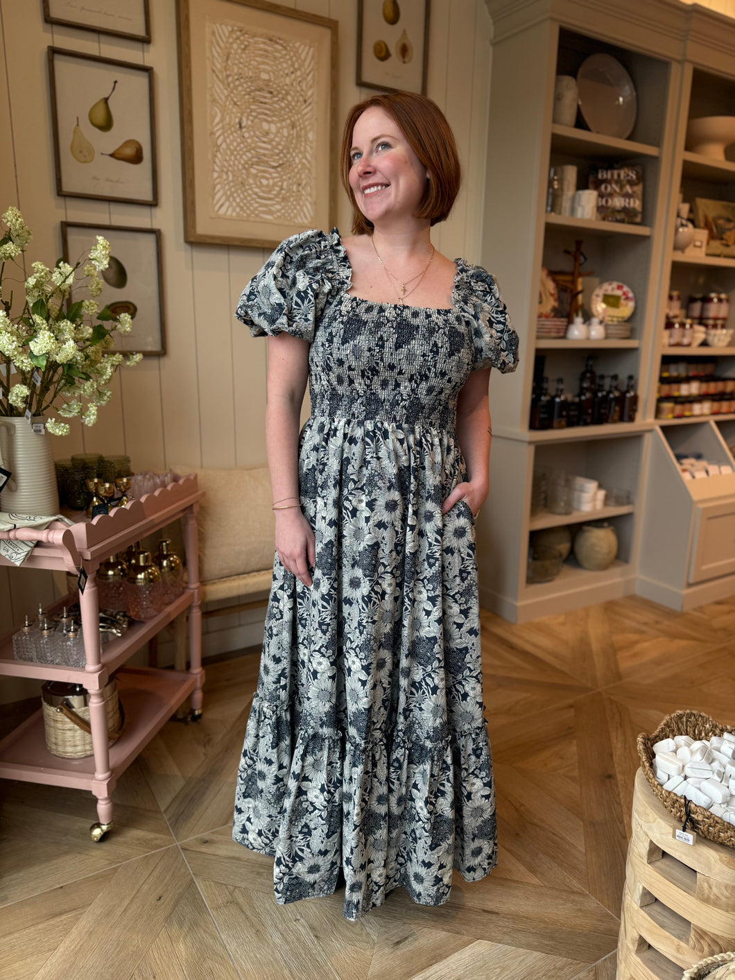 Navy Floral Smocked Maxi Dress