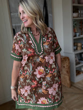 Load image into Gallery viewer, Brown, Green &amp; Pink Floral Dress- Plus Sizes Availabloe
