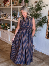 Load image into Gallery viewer, Brown &amp; Navy Stripe Tie Front Dress
