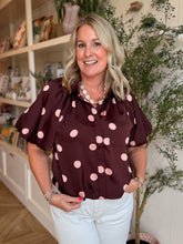 Load image into Gallery viewer, Wine Polka Dot Puff Sleeve Crop Top
