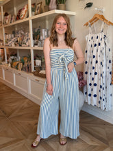 Load image into Gallery viewer, Blue &amp; Ivory Stripe Tie Front Jumpsuit
