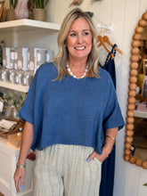 Load image into Gallery viewer, Denim Blue V-Neck Linen Crop Top
