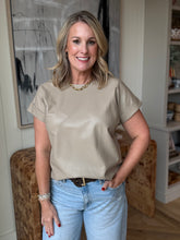 Load image into Gallery viewer, Faux Leather Taupe Cap Sleeve Blouse
