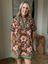 Load image into Gallery viewer, Brown, Green &amp; Pink Floral Dress- Plus Sizes Availabloe
