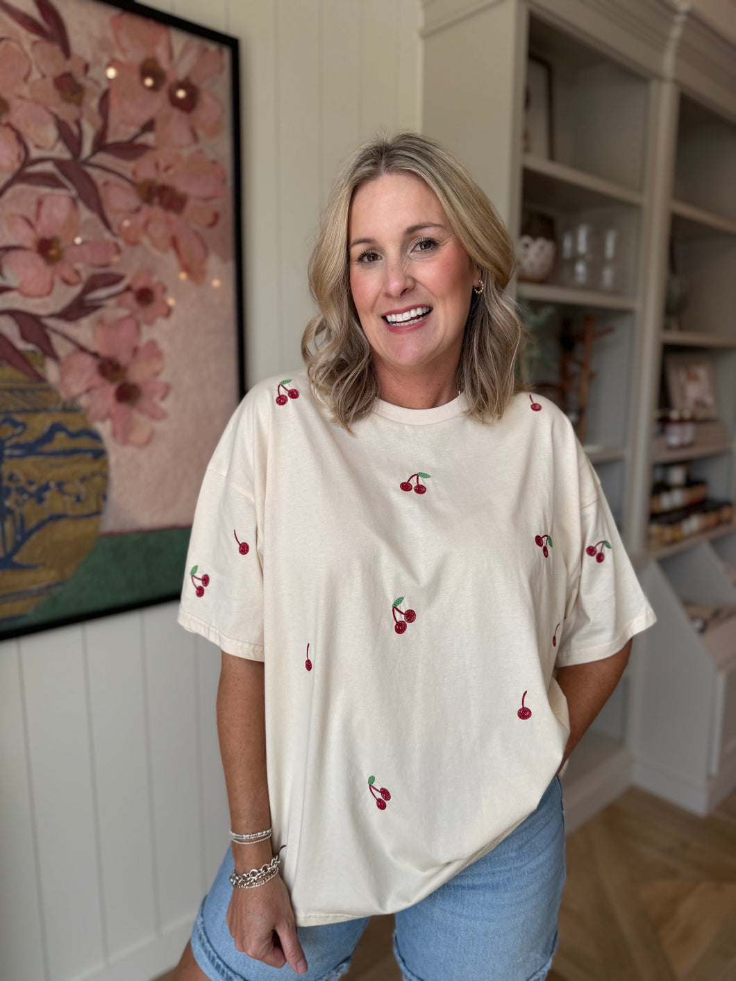Cherry Embroidery Oversized T-Shirt