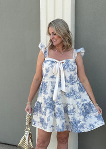 Blue Toile Ruffle Mini Dress with Ivory Satin Bow