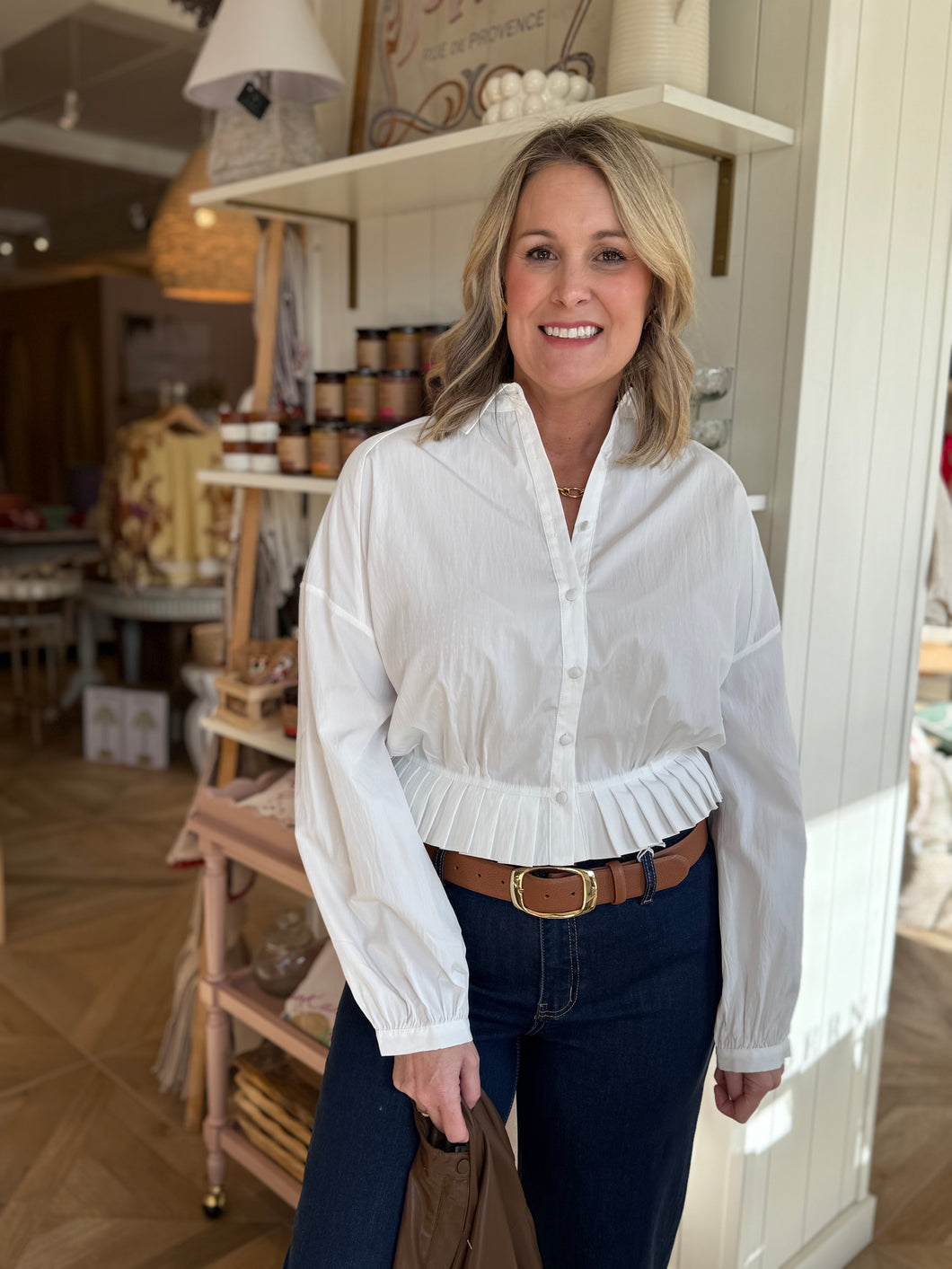White Pleated Hem Blouse
