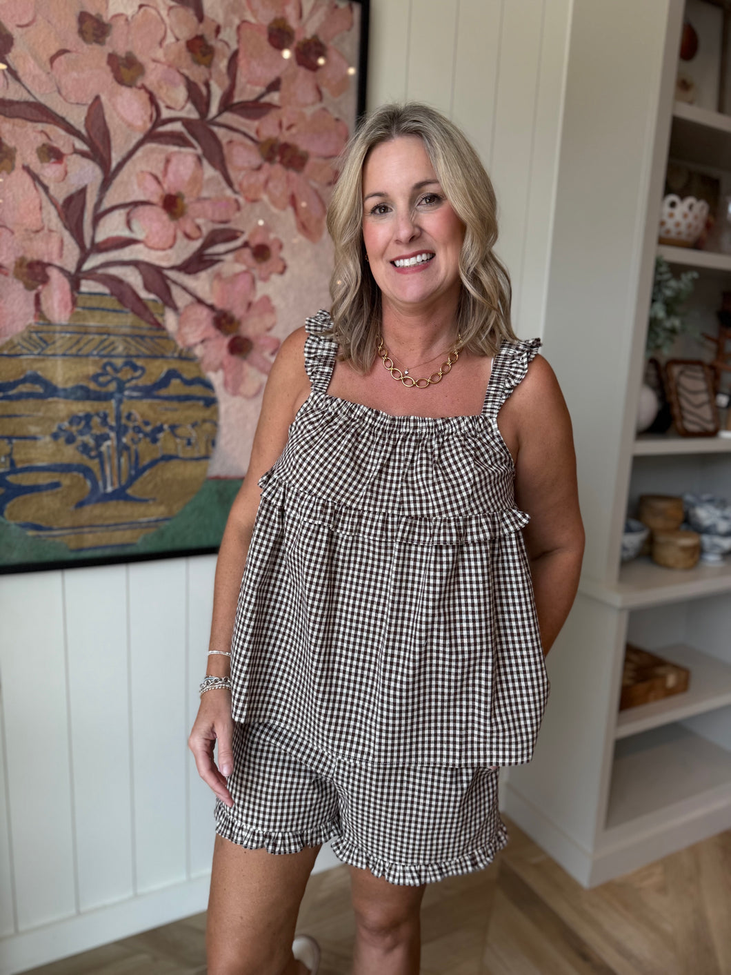 Brown Gingham Ruching Tank Top