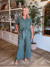 Load image into Gallery viewer, Army Green Short Sleeve Tie Front Blouse
