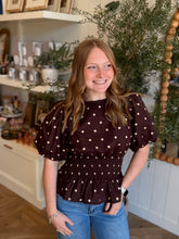 Load image into Gallery viewer, Brown Polka Dot Smocked Waist Top
