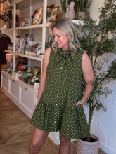 Load image into Gallery viewer, Olive Polka Dot Tie Neck Dress
