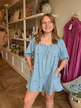 Load image into Gallery viewer, Embroidered Denim Romper w/ Fowers
