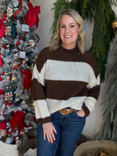 Load image into Gallery viewer, Chocolate &amp; Cream Stripe Mock Neck Sweater
