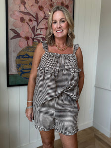 Brown Gingham Ruffle Shorts