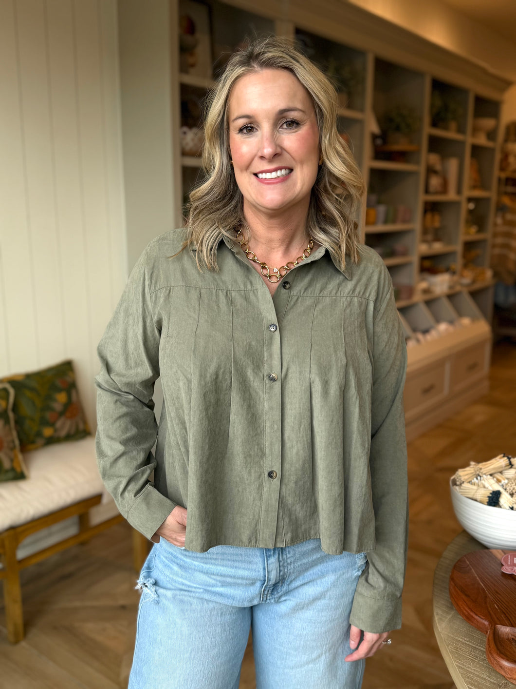 Olive Pleated Button Up Shirt
