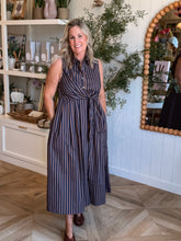 Load image into Gallery viewer, Brown &amp; Navy Stripe Tie Front Dress
