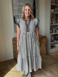 Black Stripe Flutter Sleeve Dress