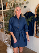 Load image into Gallery viewer, Dark Denim Tie Front Short Dress
