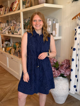 Load image into Gallery viewer, Navy Eyelet Drawstring Short Dress
