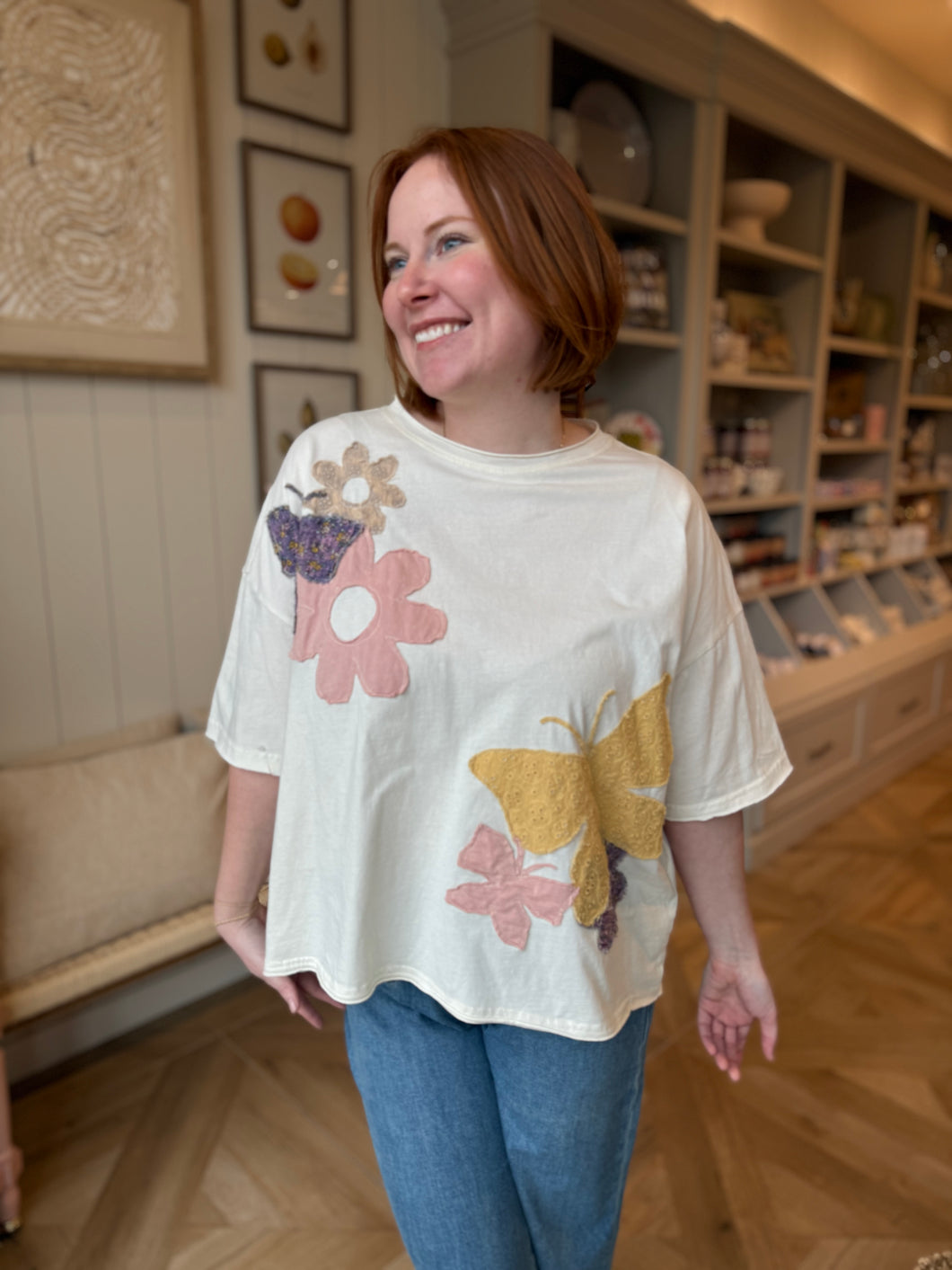 Cream Washed Flower & Butterfly Top