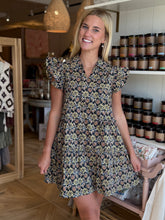 Load image into Gallery viewer, Black Floral Print Flutter Sleeve Dress
