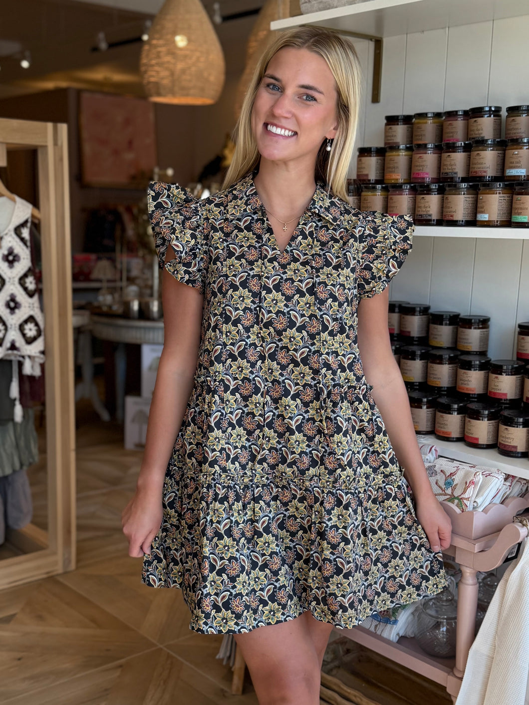 Black Floral Print Flutter Sleeve Dress