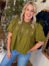 Load image into Gallery viewer, Olive Eyelet Puff Sleeve Top
