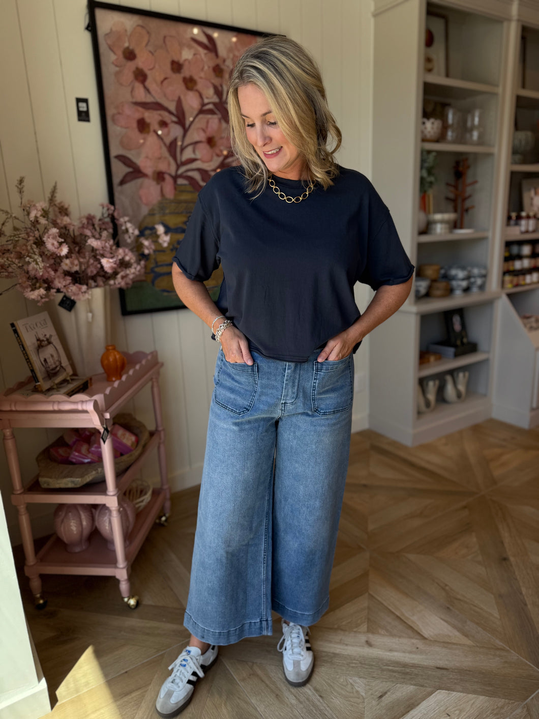 Denim Front Pocket Wide Leg Jeans