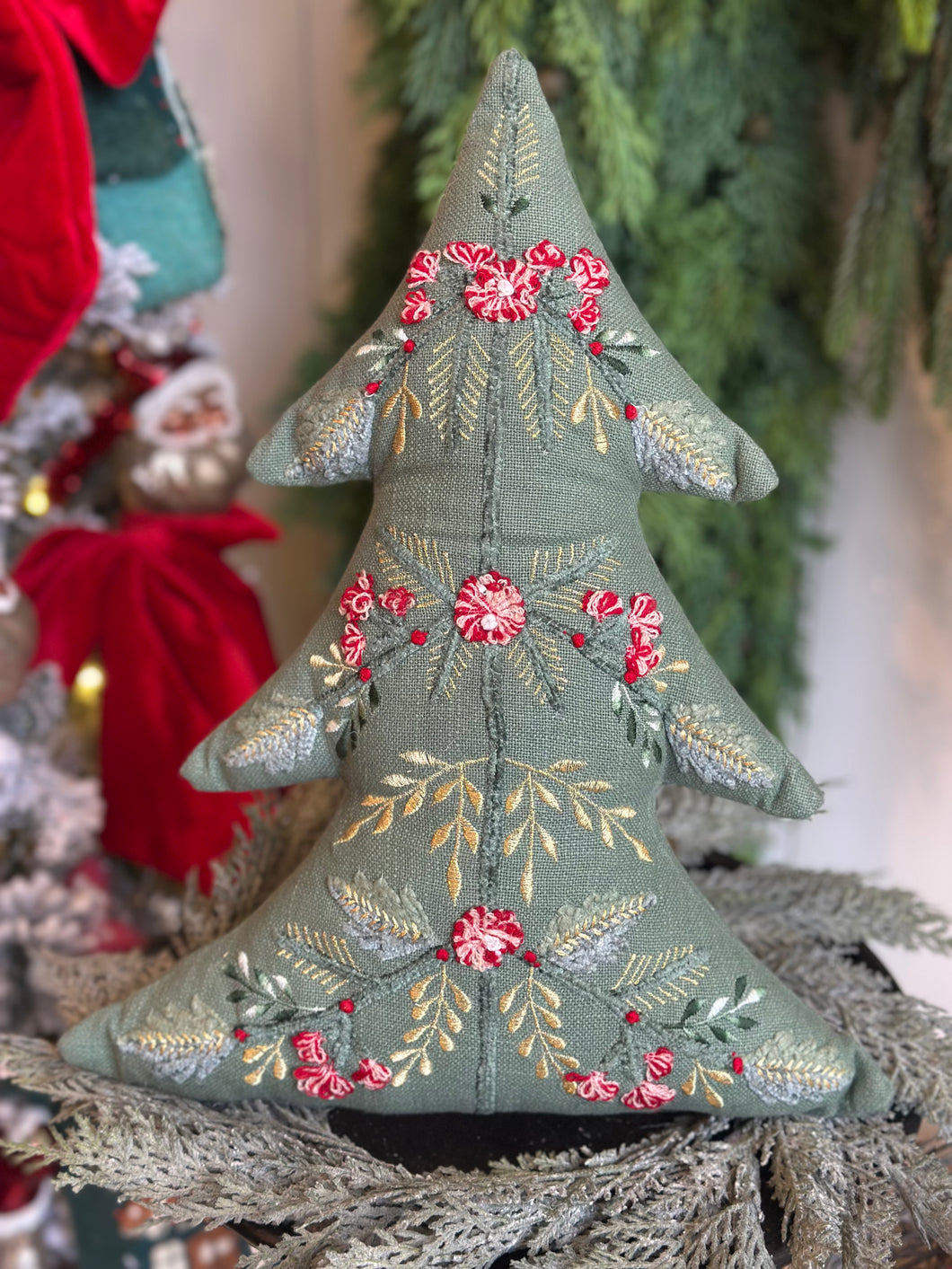 Green Embroidered Tree Shaped Pillow