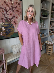 Pink ONE SIZE Linen VNeck Midi Dress