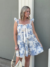 Load image into Gallery viewer, Blue Toile Ruffle Mini Dress with Ivory Satin Bow

