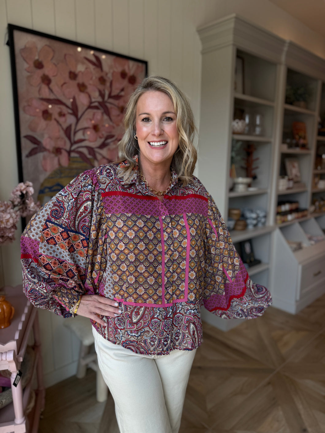 Hot Pink Mixed Print Balloon Blouse