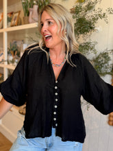 Load image into Gallery viewer, Black Linen Balloon V-Neck Blouse

