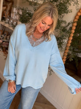 Load image into Gallery viewer, Sky Blue Lace Trim Sweater
