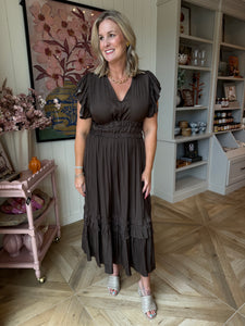 Dark Roast Satin Ruffle Dress