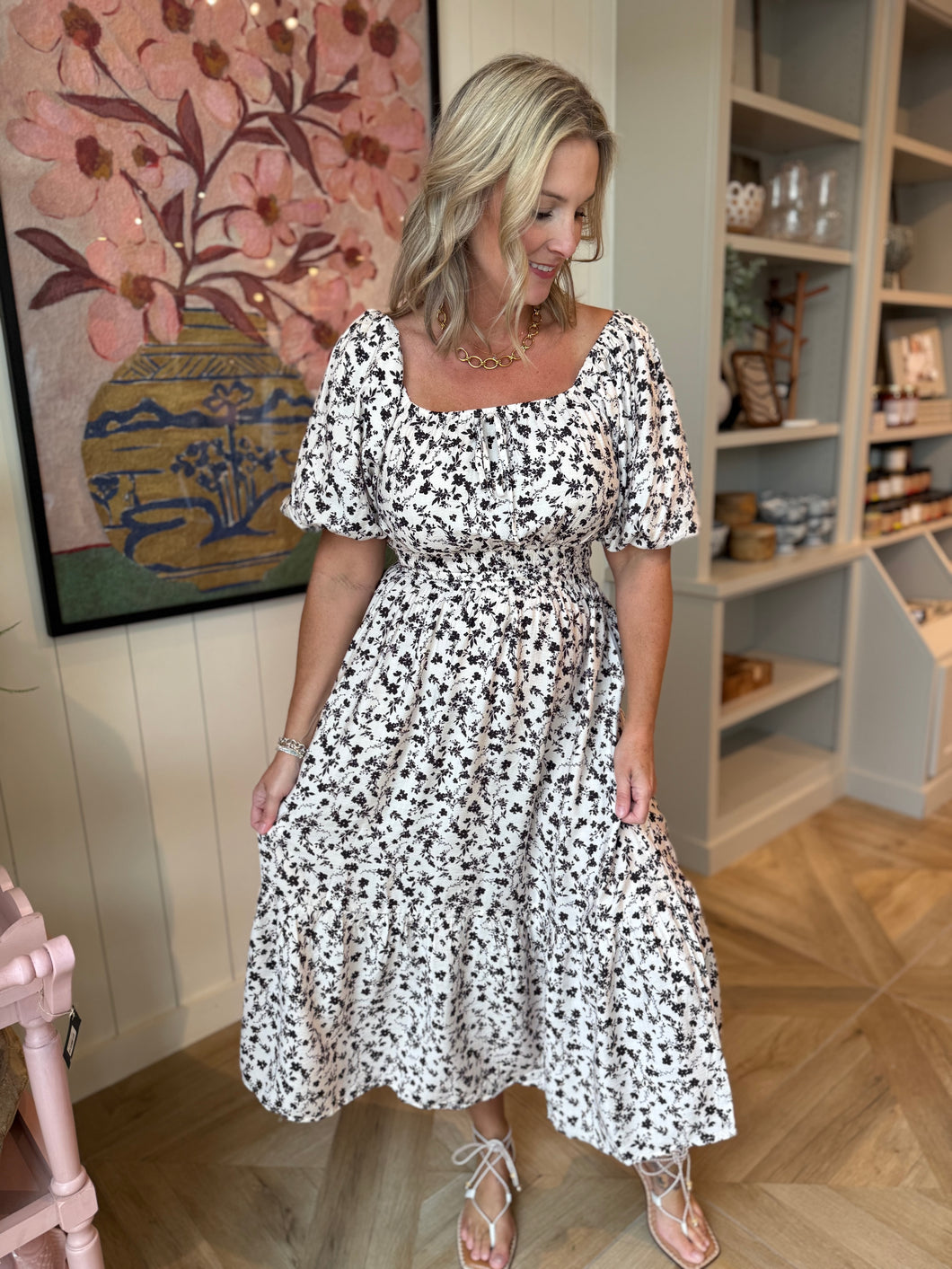 Black and White floral Midi Dress
