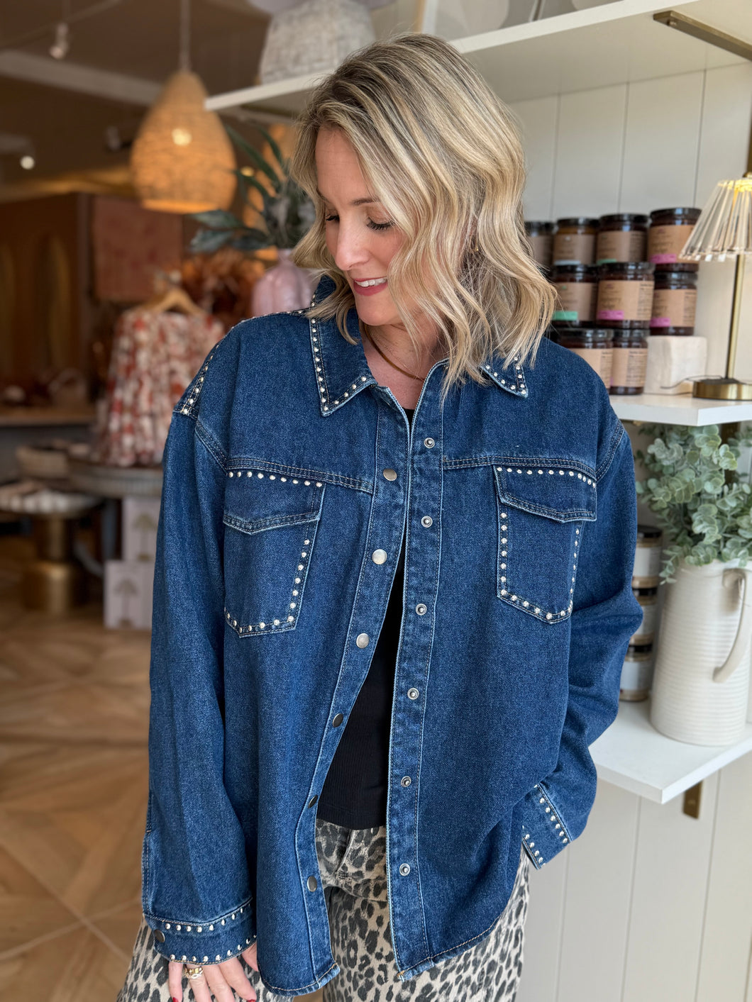 Dark Denim Studded Denim Shacket