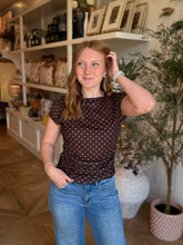 Load image into Gallery viewer, Mint Chocolate Polka Dot Ruched Mesh Top
