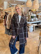 Load image into Gallery viewer, Dark Fudge Plaid Midi Coat with Fringe
