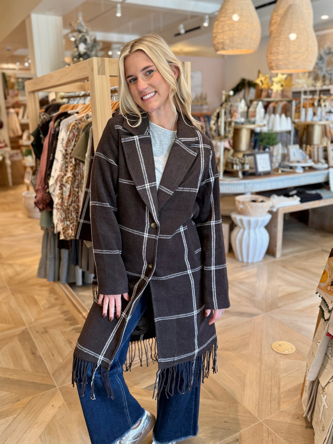 Dark Fudge Plaid Midi Coat with Fringe