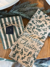 Load image into Gallery viewer, Set of 2 Green &amp; Natural Christmas Toile Tea Towels
