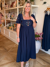 Load image into Gallery viewer, Navy Midi Dress with Embroidery Detail
