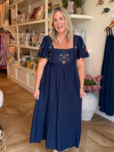 Load image into Gallery viewer, Navy Midi Dress with Embroidery Detail

