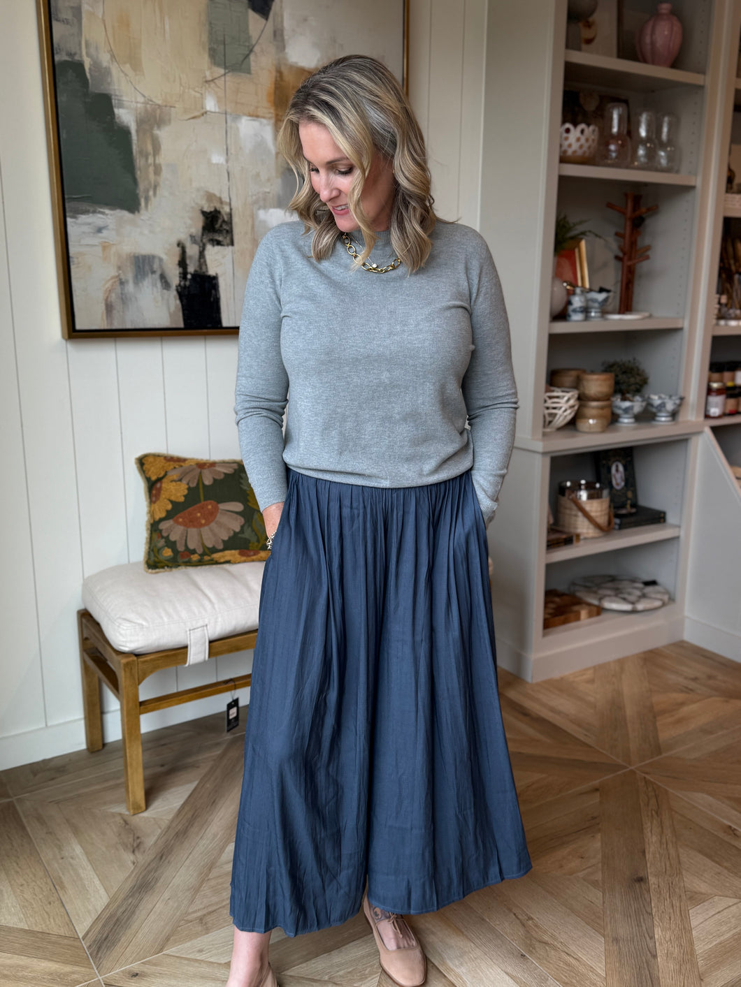 Navy Flowy Wide Leg Palazzo Pants